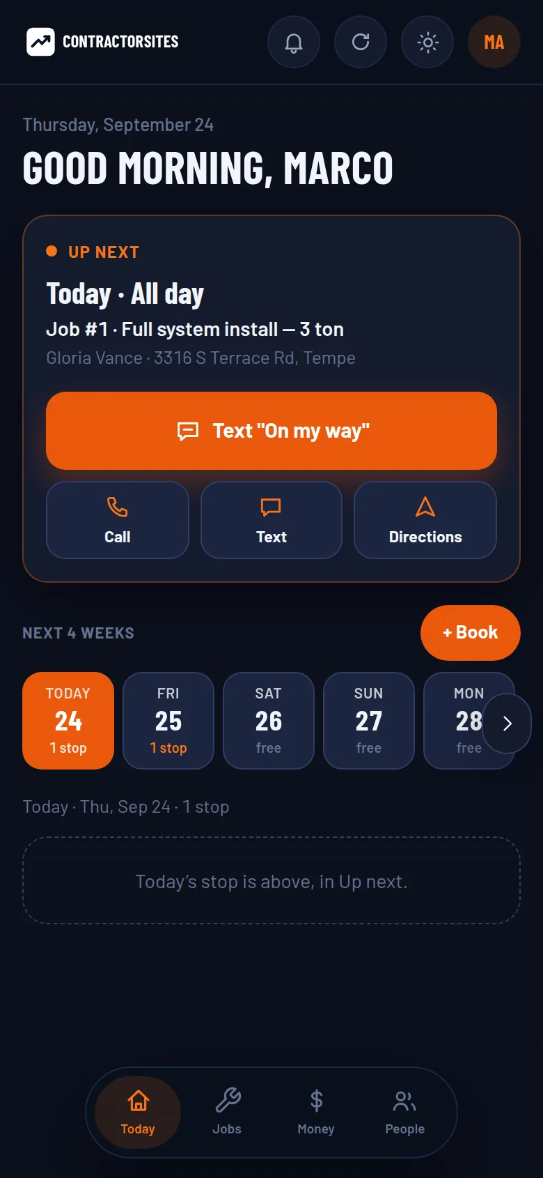 A crew member's Today screen in the ContractorSites app, with the next stop and a Text On my way button