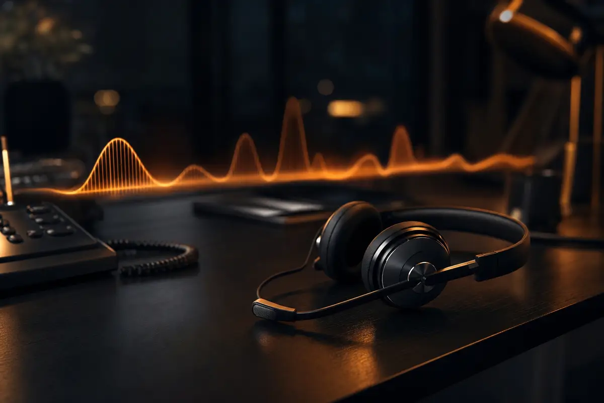 Headset beside a glowing voice waveform — the AI agent on your phones