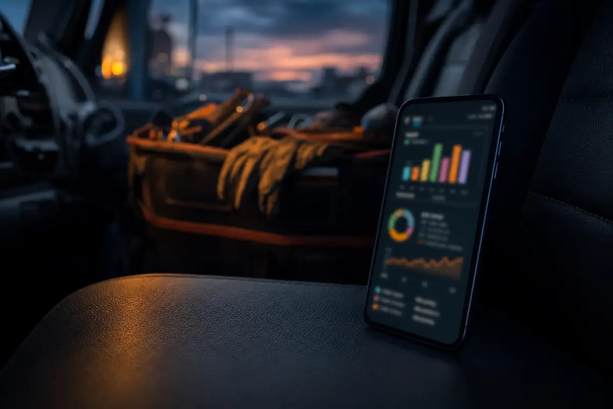 Phone in a work truck showing the business dashboard