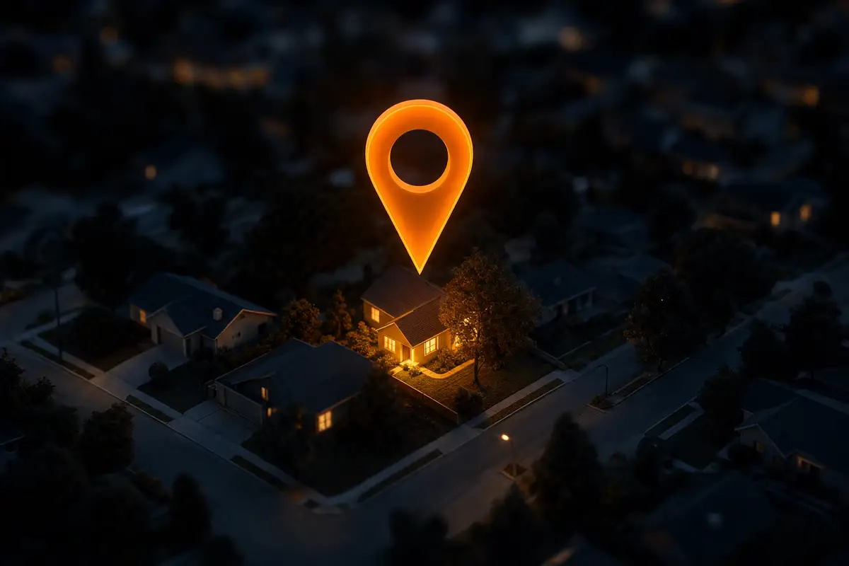 Glowing map pin hovering over a neighborhood — the local map pack