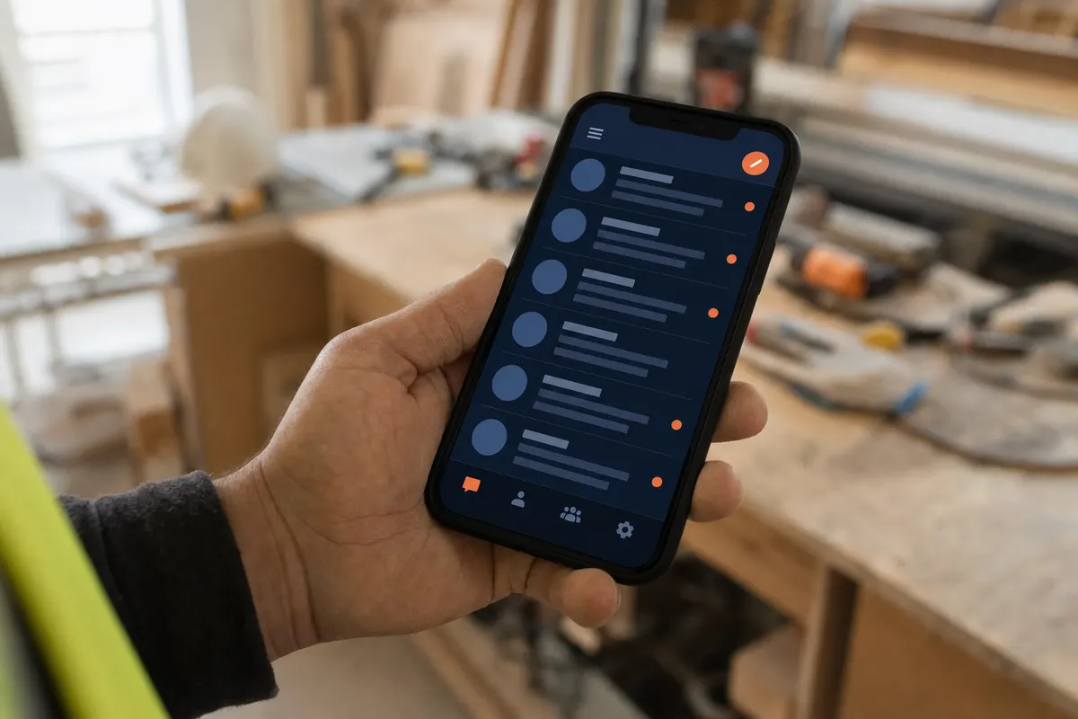 Contractor holding a phone showing the ContractorSites lead inbox