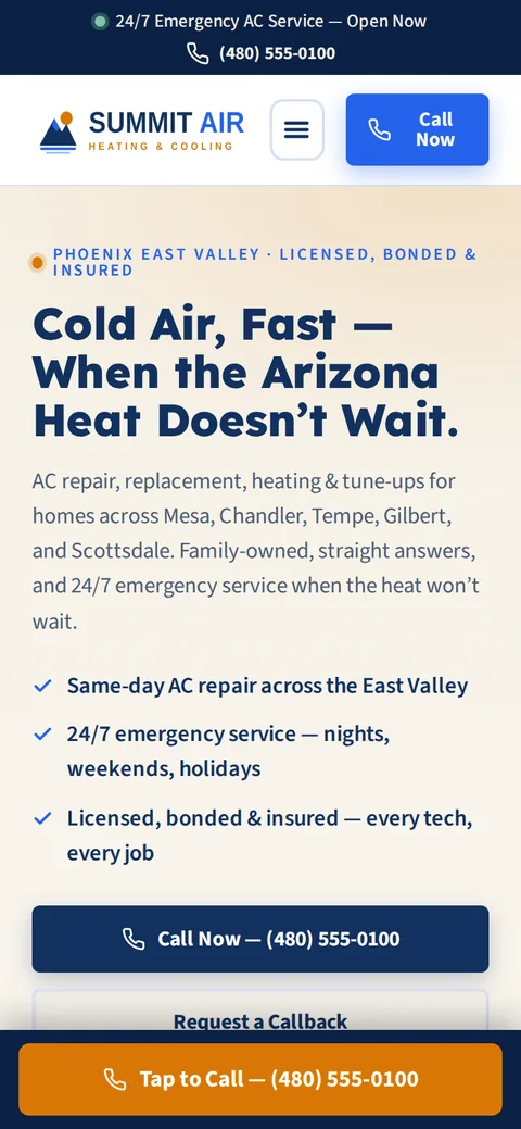 The Summit Air website on mobile